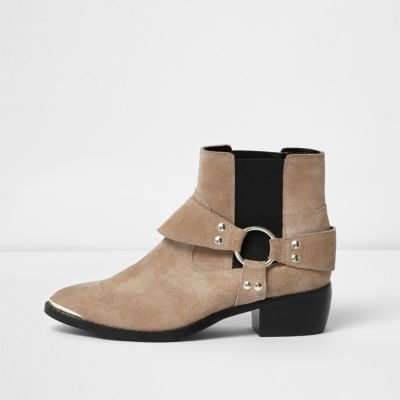 Nude suede western strap ankle boots